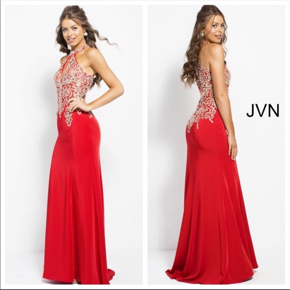 Size 16 Red Gold Embroidered Lace Halter Gown - Picture 1 of 1